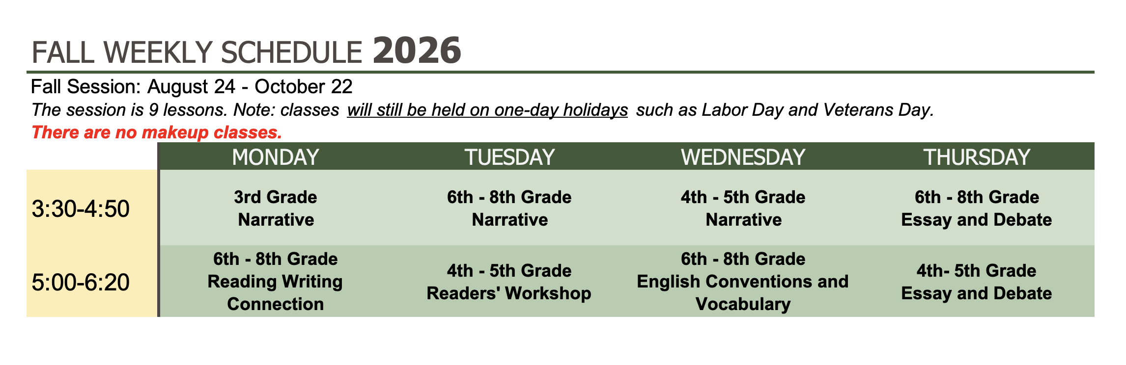 Manchester Writing Winter Weekly Schedule