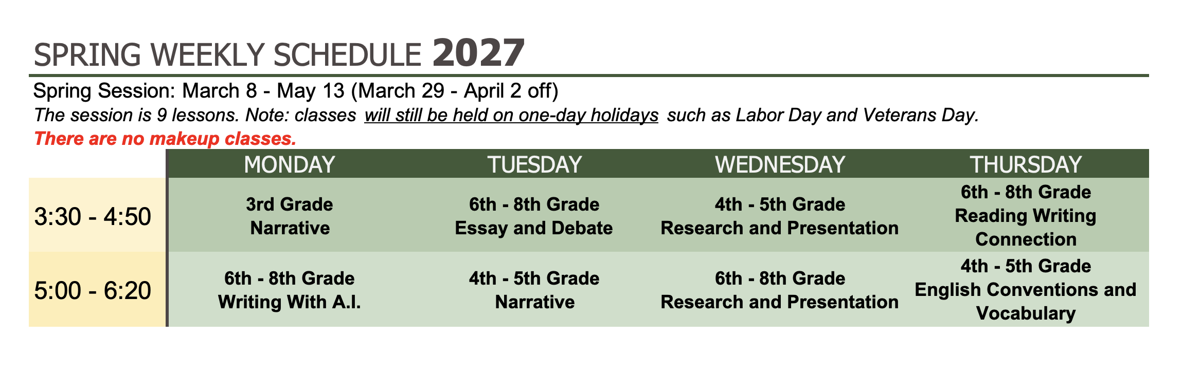 Manchester Writing Spring Weekly Schedule